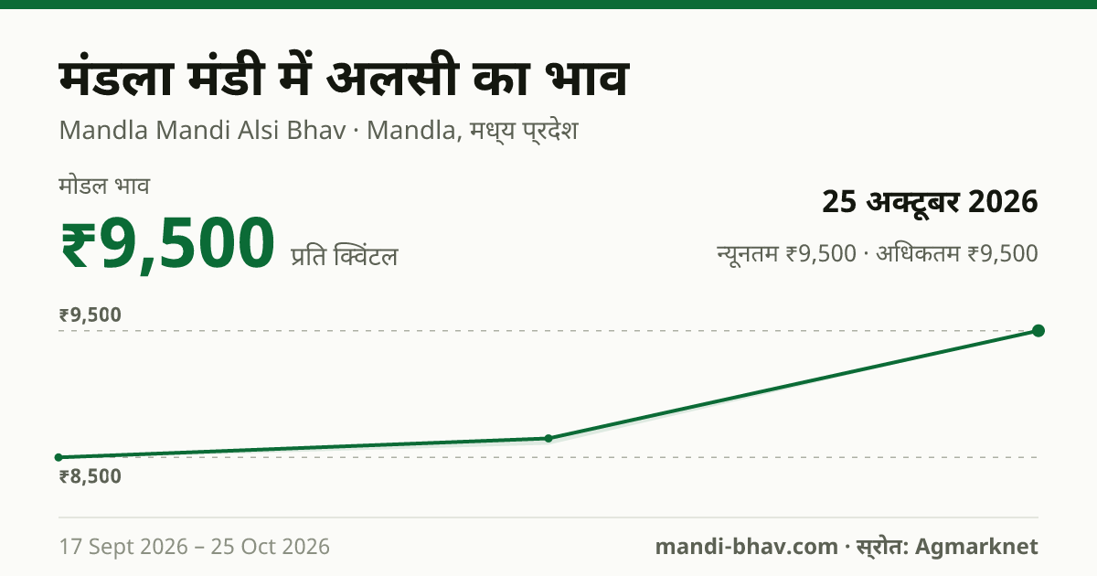 मंडला मंडी में अलसी का भाव 25 अक्टूबर 2026: मोडल ₹9,500 प्रति क्विंटल, भाव के रुझान का चार्ट