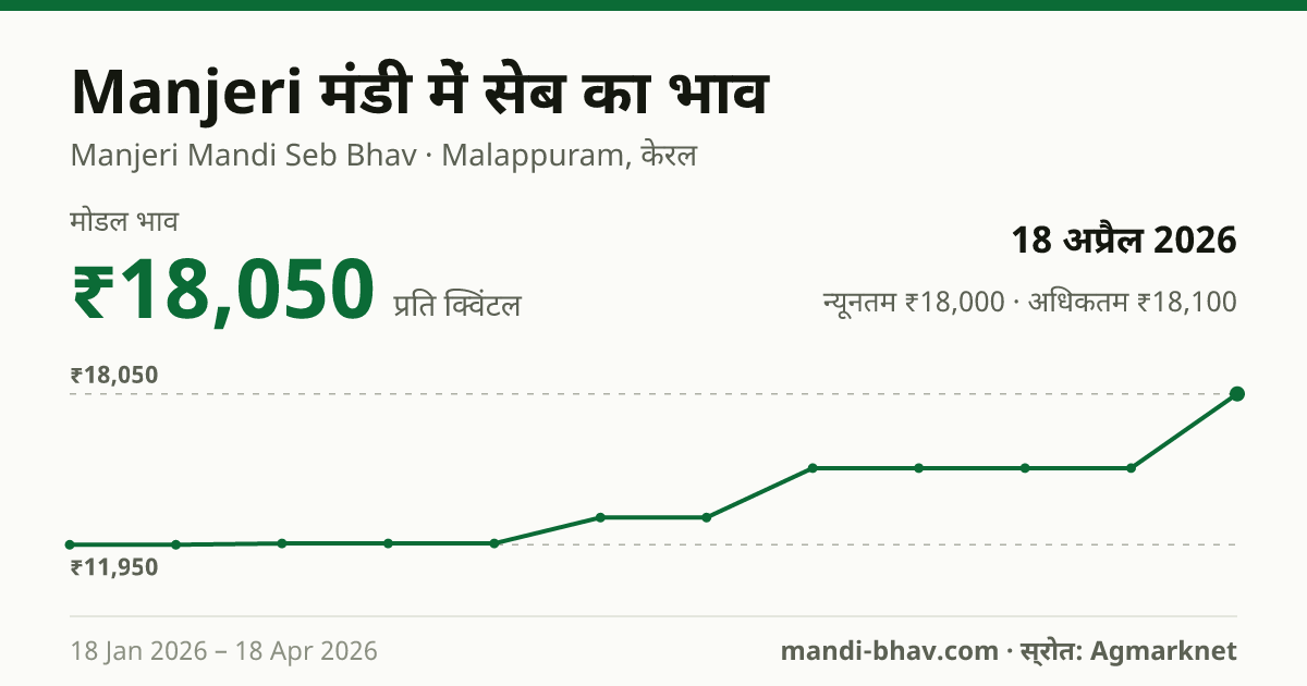 Manjeri मंडी में सेब का भाव 18 अप्रैल 2026: मोडल ₹18,050 प्रति क्विंटल, भाव के रुझान का चार्ट