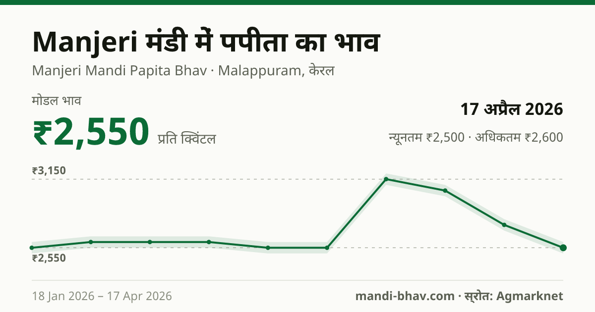 Manjeri मंडी में पपीता का भाव 17 अप्रैल 2026: मोडल ₹2,550 प्रति क्विंटल, भाव के रुझान का चार्ट