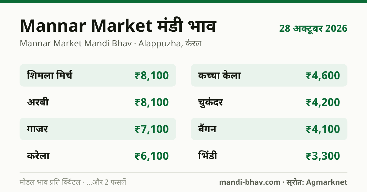 Mannar Market मंडी भाव 28 अक्टूबर 2026: फसलवार मोडल रेट प्रति क्विंटल