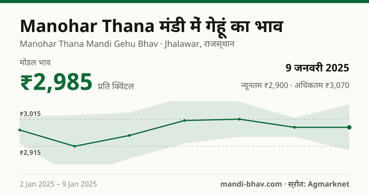 Manohar Thana मंडी में गेहूं का भाव 9 जनवरी 2025: मोडल ₹2,985 प्रति क्विंटल, भाव के रुझान का चार्ट