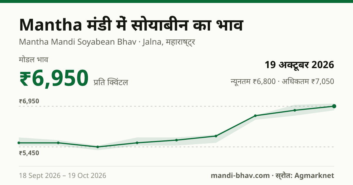 Mantha मंडी में सोयाबीन का भाव 19 अक्टूबर 2026: मोडल ₹6,950 प्रति क्विंटल, भाव के रुझान का चार्ट