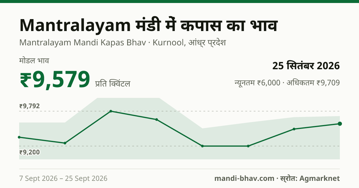 Mantralayam मंडी में कपास का भाव 25 सितंबर 2026: मोडल ₹9,579 प्रति क्विंटल, भाव के रुझान का चार्ट