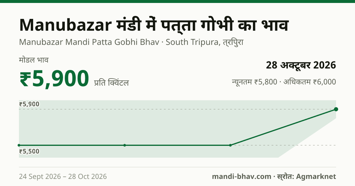 Manubazar मंडी में पत्ता गोभी का भाव 28 अक्टूबर 2026: मोडल ₹5,900 प्रति क्विंटल, भाव के रुझान का चार्ट