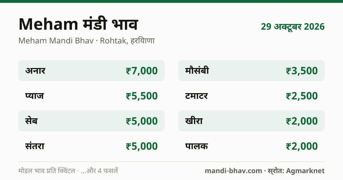Meham मंडी भाव 29 अक्टूबर 2026: फसलवार मोडल रेट प्रति क्विंटल