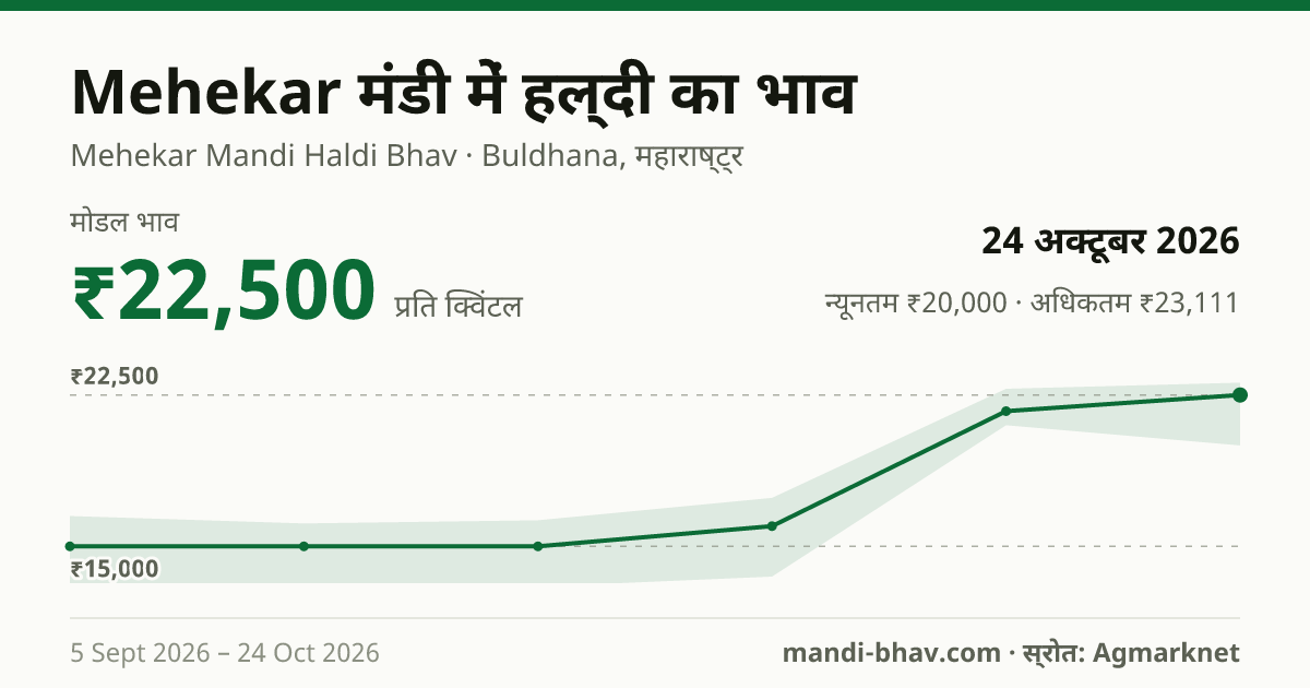 Mehekar मंडी में हल्दी का भाव 24 अक्टूबर 2026: मोडल ₹22,500 प्रति क्विंटल, भाव के रुझान का चार्ट