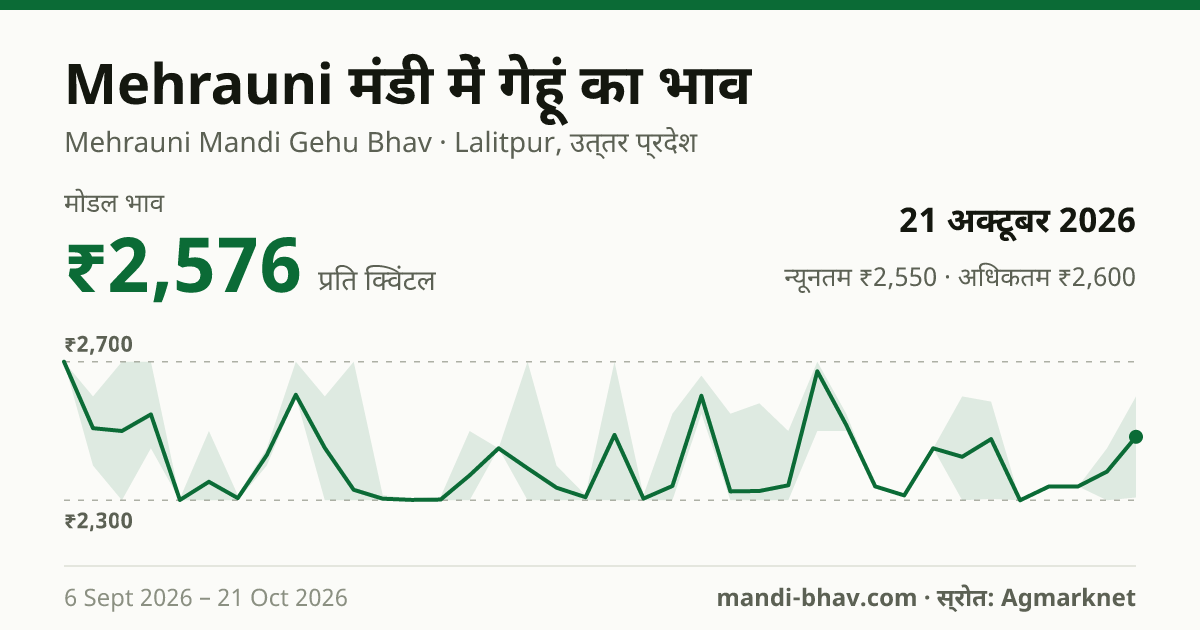 Mehrauni मंडी में गेहूं का भाव 21 अक्टूबर 2026: मोडल ₹2,576 प्रति क्विंटल, भाव के रुझान का चार्ट