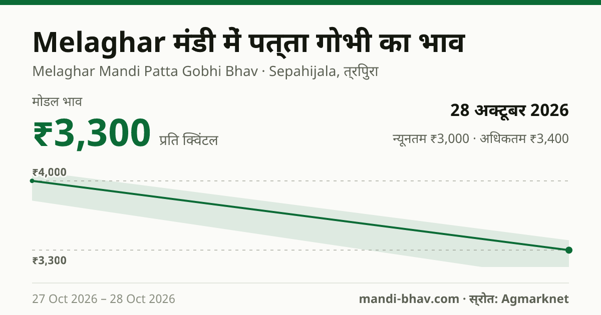 Melaghar मंडी में पत्ता गोभी का भाव 28 अक्टूबर 2026: मोडल ₹3,300 प्रति क्विंटल, भाव के रुझान का चार्ट