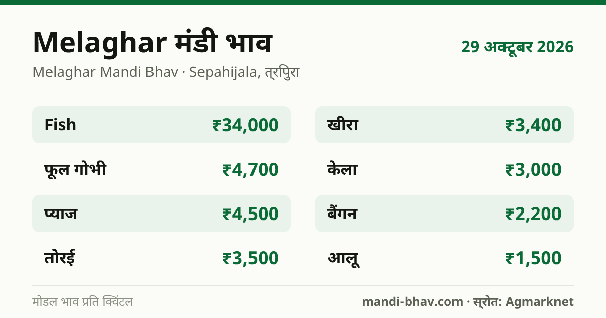 Melaghar मंडी भाव 29 अक्टूबर 2026: फसलवार मोडल रेट प्रति क्विंटल