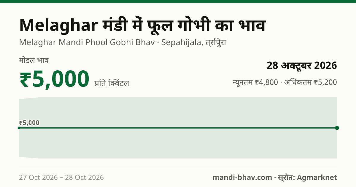 Melaghar मंडी में फूल गोभी का भाव 28 अक्टूबर 2026: मोडल ₹5,000 प्रति क्विंटल, भाव के रुझान का चार्ट