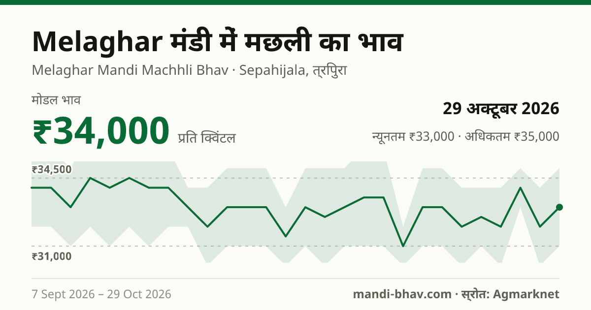 Melaghar मंडी में Fish का भाव 29 अक्टूबर 2026: मोडल ₹34,000 प्रति क्विंटल, भाव के रुझान का चार्ट