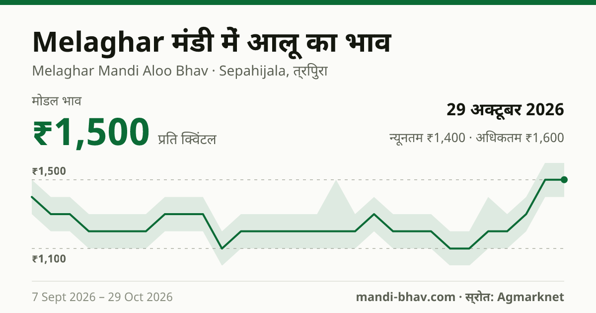 Melaghar मंडी में आलू का भाव 29 अक्टूबर 2026: मोडल ₹1,500 प्रति क्विंटल, भाव के रुझान का चार्ट