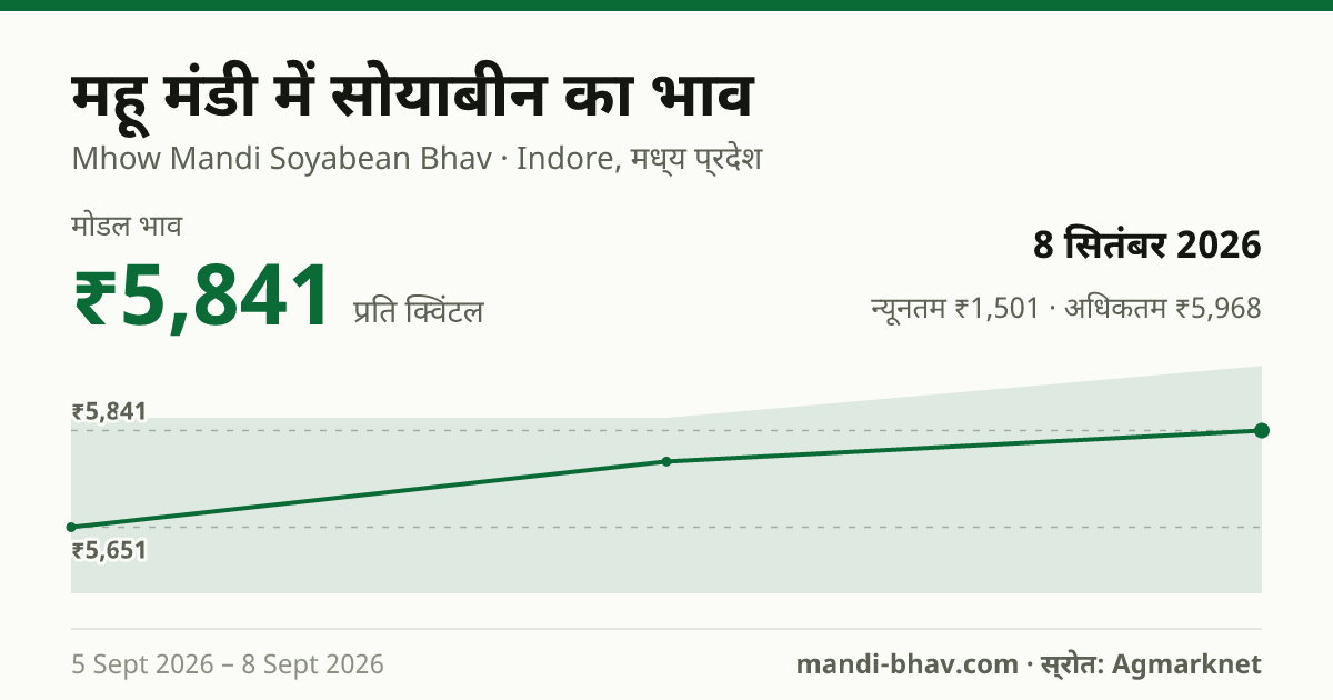 महू मंडी में सोयाबीन का भाव 8 सितंबर 2026: मोडल ₹5,841 प्रति क्विंटल, भाव के रुझान का चार्ट