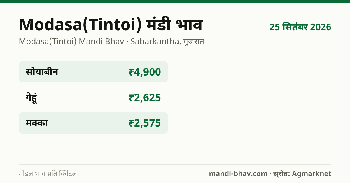 Modasa(Tintoi) मंडी भाव 25 सितंबर 2026: फसलवार मोडल रेट प्रति क्विंटल