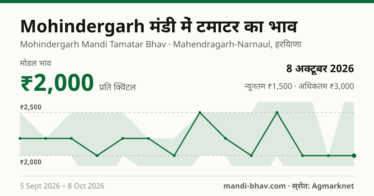 Mohindergarh मंडी में टमाटर का भाव 8 अक्टूबर 2026: मोडल ₹2,000 प्रति क्विंटल, भाव के रुझान का चार्ट