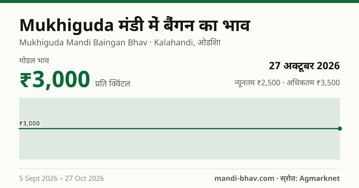 Mukhiguda मंडी में बैंगन का भाव 27 अक्टूबर 2026: मोडल ₹3,000 प्रति क्विंटल, भाव के रुझान का चार्ट
