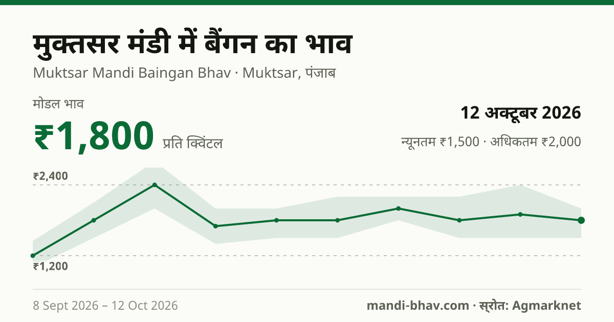 मुक्तसर मंडी में बैंगन का भाव 12 अक्टूबर 2026: मोडल ₹1,800 प्रति क्विंटल, भाव के रुझान का चार्ट
