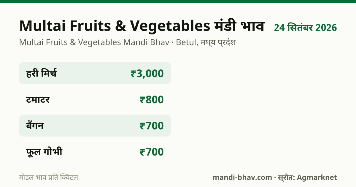 Multai Fruits & Vegetables मंडी भाव 24 सितंबर 2026: फसलवार मोडल रेट प्रति क्विंटल