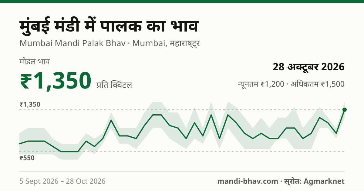 मुंबई मंडी में पालक का भाव 28 अक्टूबर 2026: मोडल ₹1,350 प्रति क्विंटल, भाव के रुझान का चार्ट