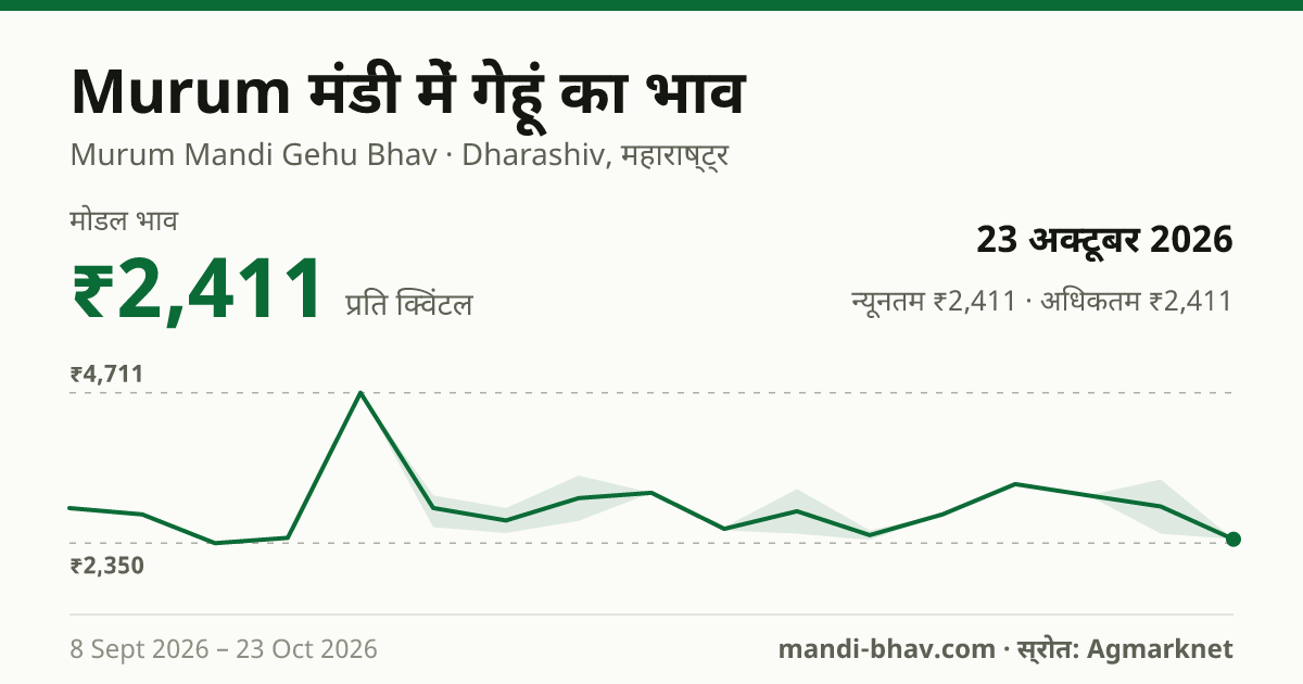 Murum मंडी में गेहूं का भाव 23 अक्टूबर 2026: मोडल ₹2,411 प्रति क्विंटल, भाव के रुझान का चार्ट
