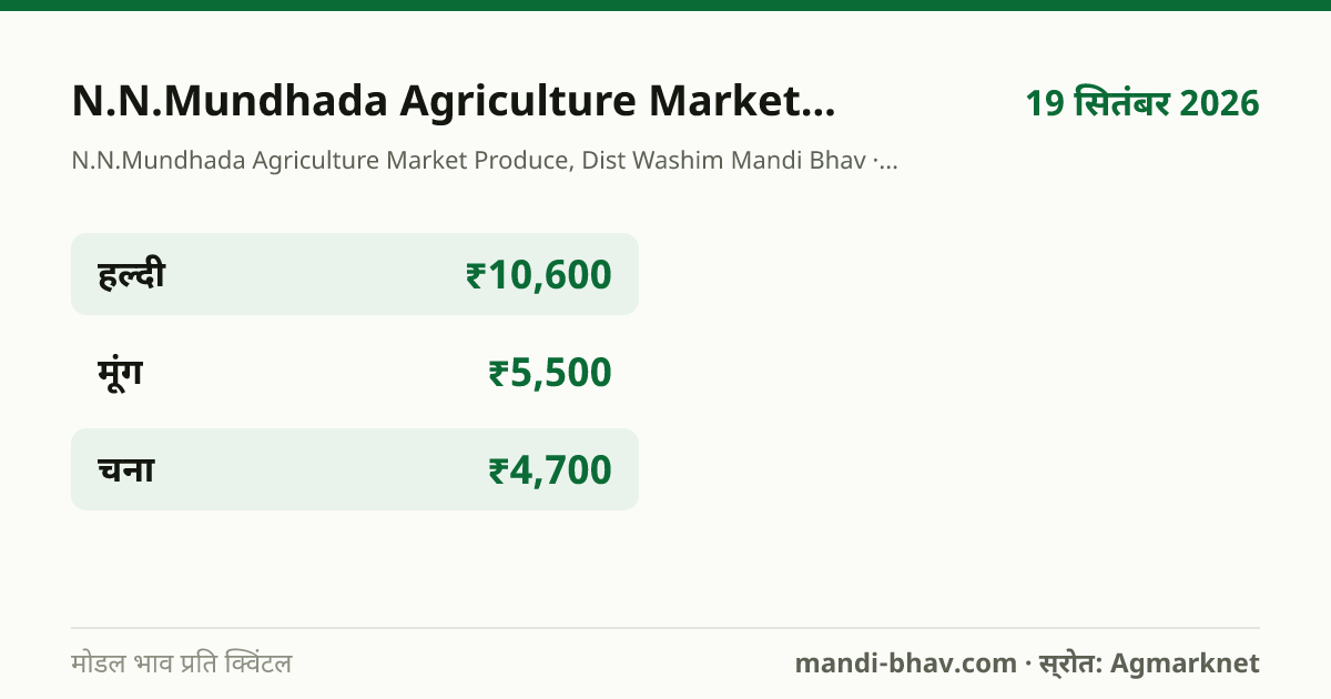 N.N.Mundhada Agriculture Market Produce, Dist Washim मंडी भाव 19 सितंबर 2026: फसलवार मोडल रेट प्रति क्विंटल
