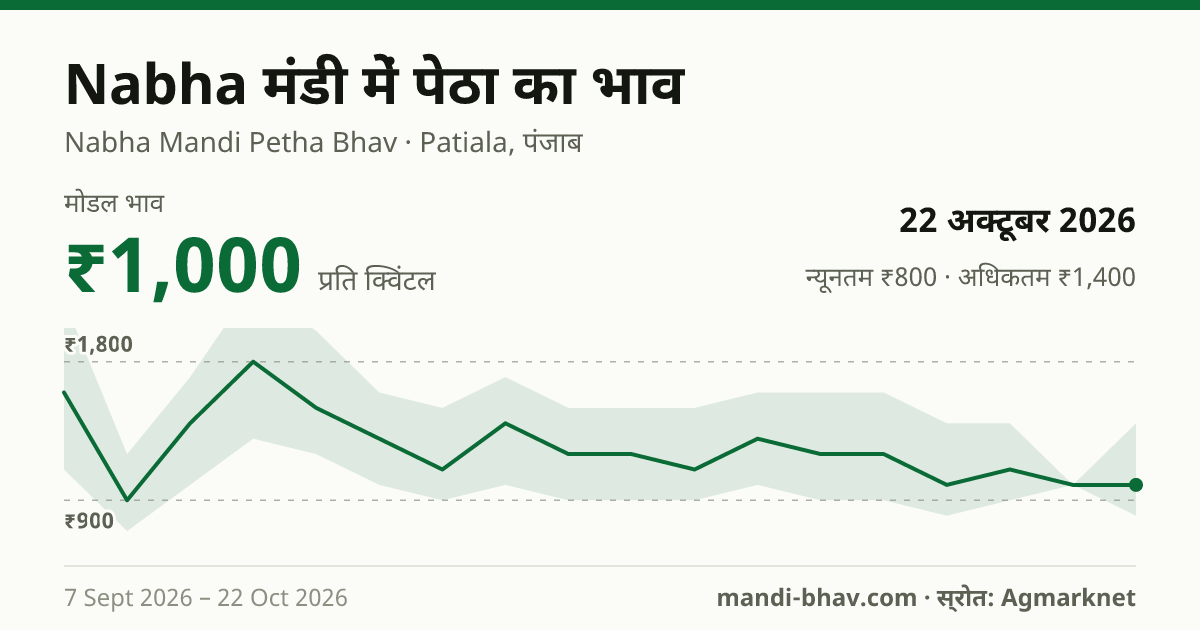 Nabha मंडी में पेठा का भाव 22 अक्टूबर 2026: मोडल ₹1,000 प्रति क्विंटल, भाव के रुझान का चार्ट
