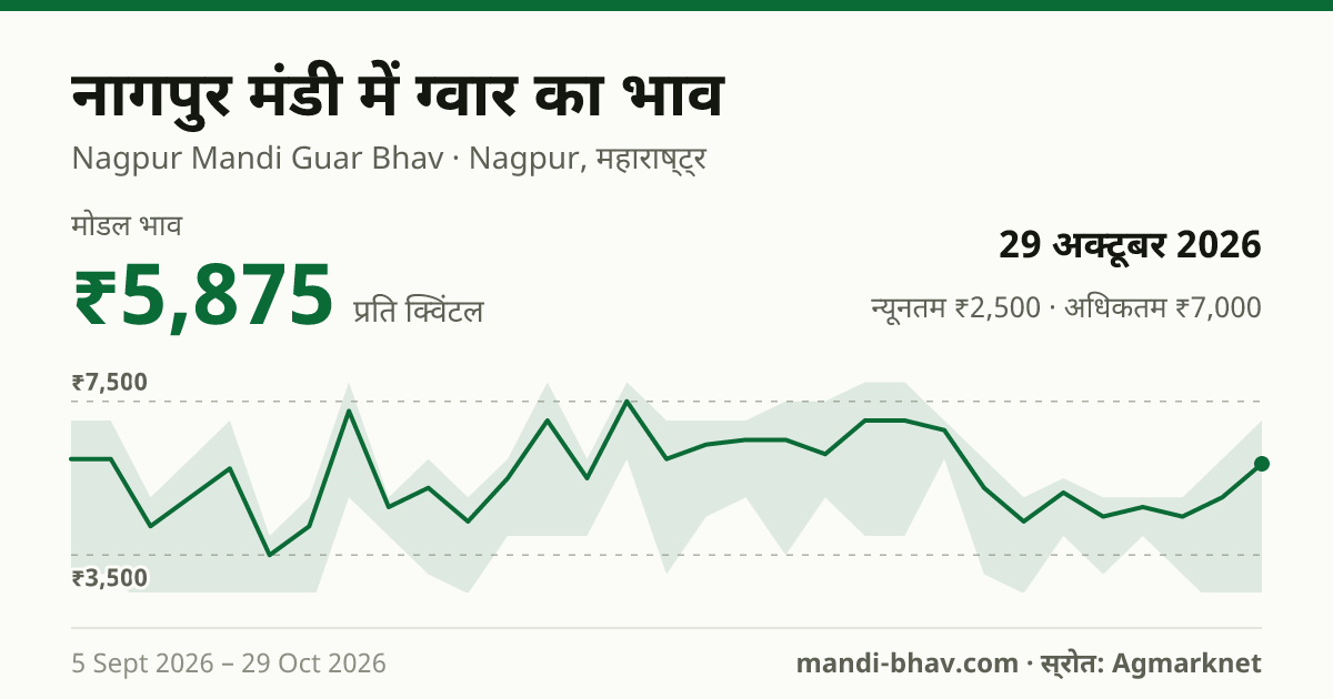 नागपुर मंडी में ग्वार का भाव 29 अक्टूबर 2026: मोडल ₹5,875 प्रति क्विंटल, भाव के रुझान का चार्ट
