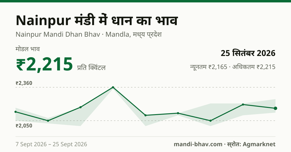 Nainpur मंडी में धान का भाव 25 सितंबर 2026: मोडल ₹2,215 प्रति क्विंटल, भाव के रुझान का चार्ट