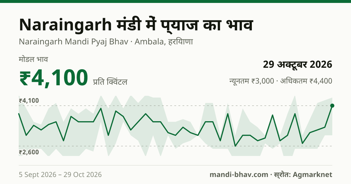 Naraingarh मंडी में प्याज का भाव 29 अक्टूबर 2026: मोडल ₹4,100 प्रति क्विंटल, भाव के रुझान का चार्ट