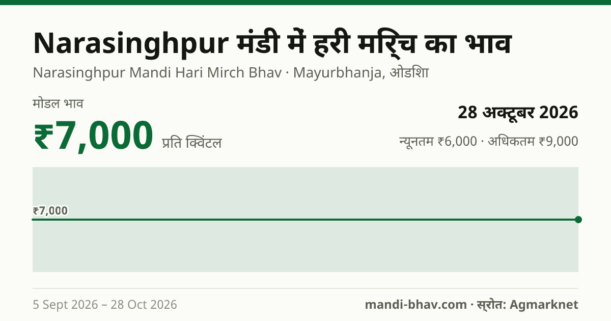Narasinghpur मंडी में हरी मिर्च का भाव 28 अक्टूबर 2026: मोडल ₹7,000 प्रति क्विंटल, भाव के रुझान का चार्ट