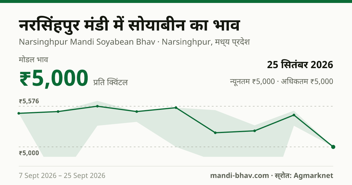 नरसिंहपुर मंडी में सोयाबीन का भाव 25 सितंबर 2026: मोडल ₹5,000 प्रति क्विंटल, भाव के रुझान का चार्ट