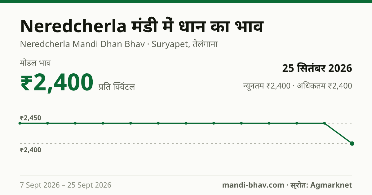 Neredcherla मंडी में धान का भाव 25 सितंबर 2026: मोडल ₹2,400 प्रति क्विंटल, भाव के रुझान का चार्ट