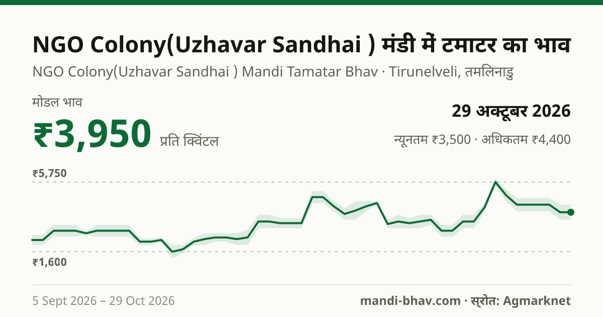 NGO Colony(Uzhavar Sandhai ) मंडी में टमाटर का भाव 29 अक्टूबर 2026: मोडल ₹3,950 प्रति क्विंटल, भाव के रुझान का चार्ट