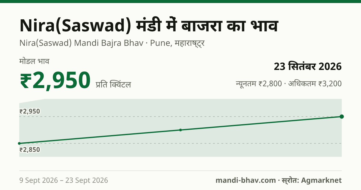 Nira(Saswad) मंडी में बाजरा का भाव 23 सितंबर 2026: मोडल ₹2,950 प्रति क्विंटल, भाव के रुझान का चार्ट