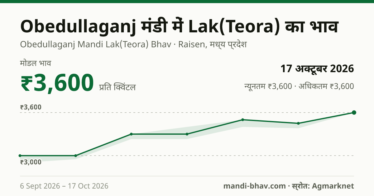 Obedullaganj मंडी में Lak(Teora) का भाव 17 अक्टूबर 2026: मोडल ₹3,600 प्रति क्विंटल, भाव के रुझान का चार्ट
