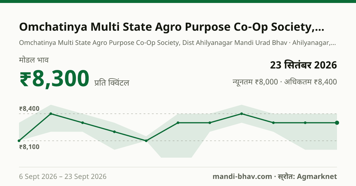 Omchatinya Multi State Agro Purpose Co-Op Society, Dist Ahilyanagar मंडी में उड़द का भाव 23 सितंबर 2026: मोडल ₹8,300 प्रति क्विंटल, भाव के रुझान का चार्ट