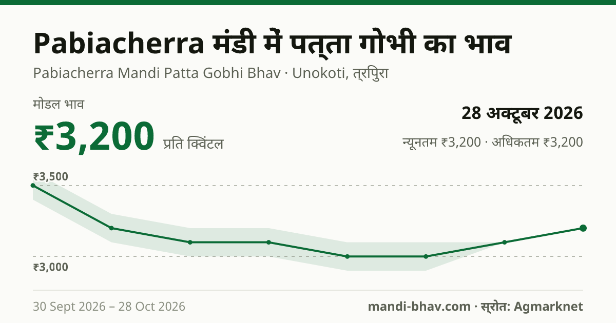 Pabiacherra मंडी में पत्ता गोभी का भाव 28 अक्टूबर 2026: मोडल ₹3,200 प्रति क्विंटल, भाव के रुझान का चार्ट