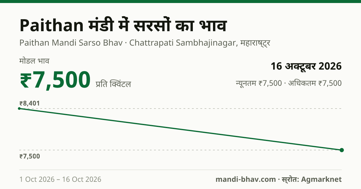 Paithan मंडी में सरसों का भाव 16 अक्टूबर 2026: मोडल ₹7,500 प्रति क्विंटल, भाव के रुझान का चार्ट