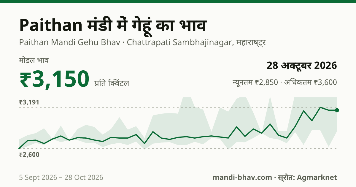 Paithan मंडी में गेहूं का भाव 28 अक्टूबर 2026: मोडल ₹3,150 प्रति क्विंटल, भाव के रुझान का चार्ट