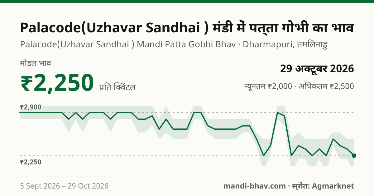 Palacode(Uzhavar Sandhai ) मंडी में पत्ता गोभी का भाव 29 अक्टूबर 2026: मोडल ₹2,250 प्रति क्विंटल, भाव के रुझान का चार्ट