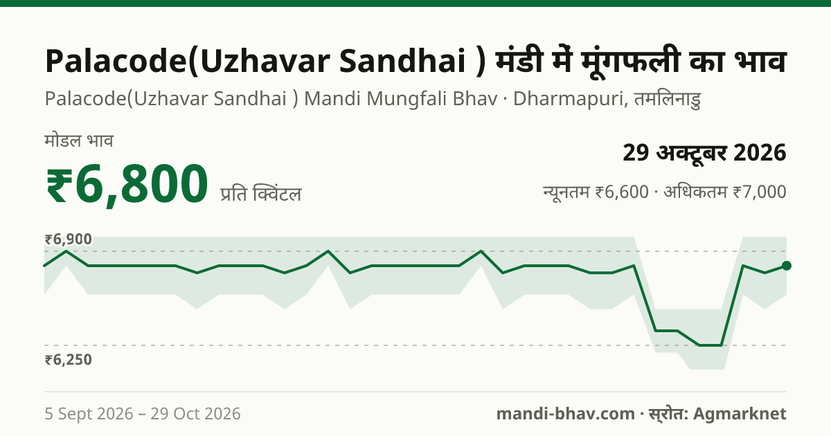 Palacode(Uzhavar Sandhai ) मंडी में मूंगफली का भाव 29 अक्टूबर 2026: मोडल ₹6,800 प्रति क्विंटल, भाव के रुझान का चार्ट