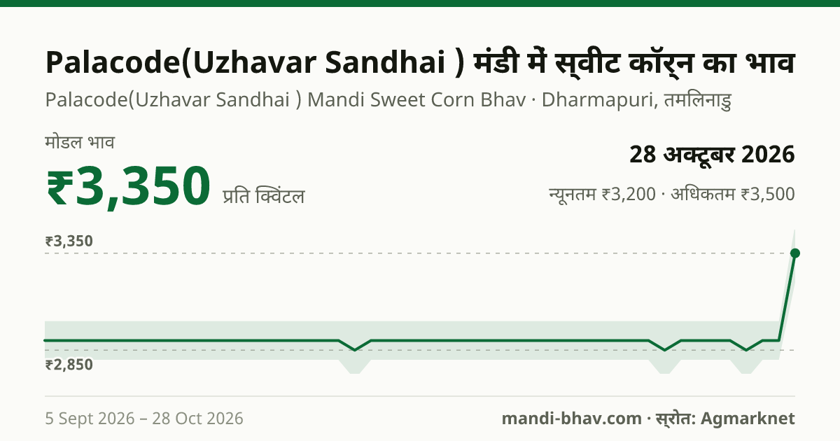 Palacode(Uzhavar Sandhai ) मंडी में स्वीट कॉर्न का भाव 28 अक्टूबर 2026: मोडल ₹3,350 प्रति क्विंटल, भाव के रुझान का चार्ट