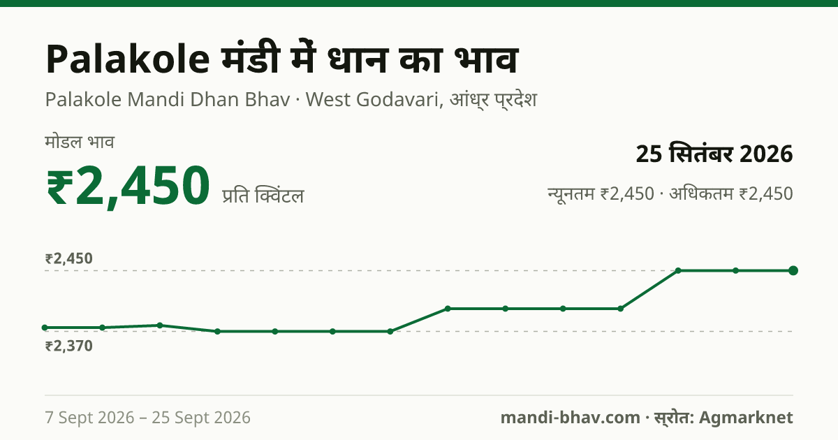 Palakole मंडी में धान का भाव 25 सितंबर 2026: मोडल ₹2,450 प्रति क्विंटल, भाव के रुझान का चार्ट