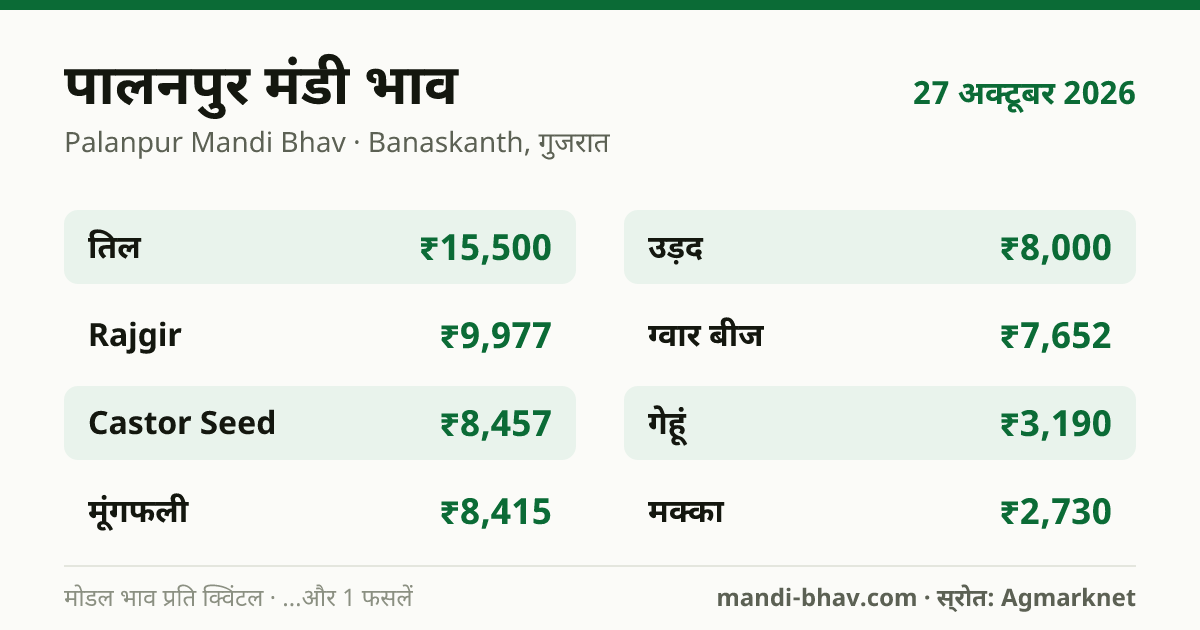पालनपुर मंडी भाव 27 अक्टूबर 2026: फसलवार मोडल रेट प्रति क्विंटल