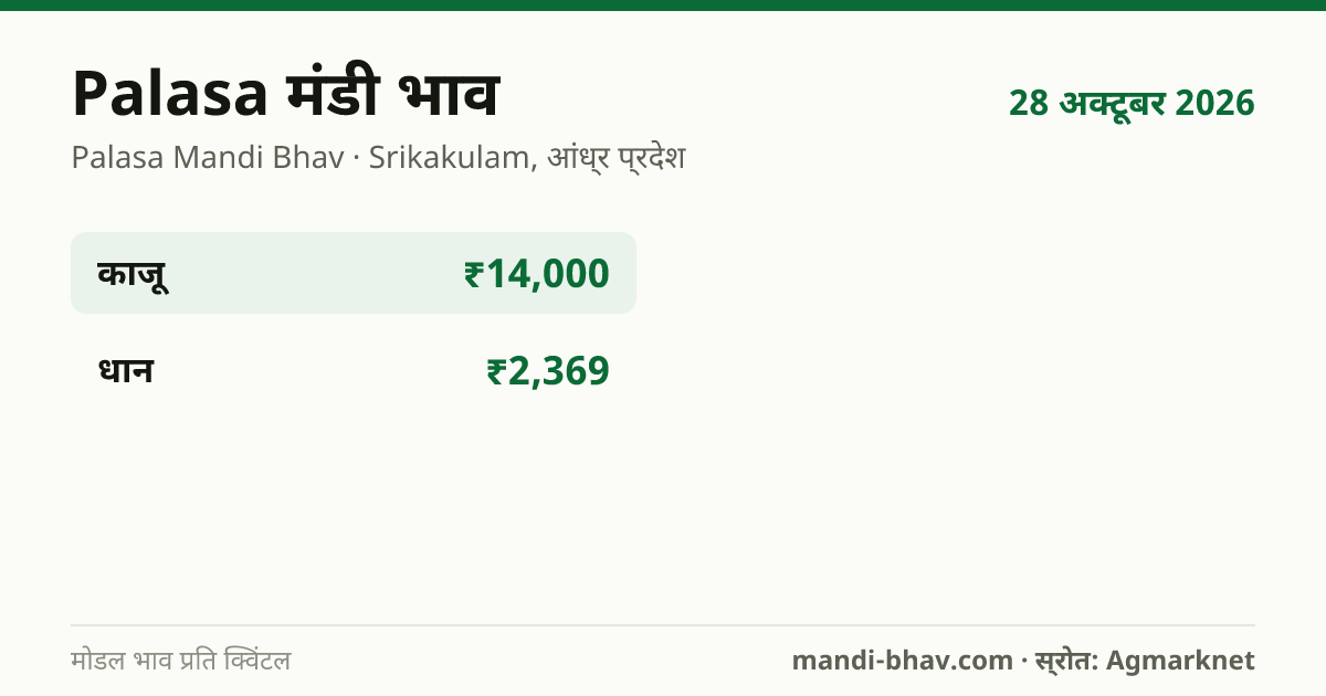 Palasa मंडी भाव 28 अक्टूबर 2026: फसलवार मोडल रेट प्रति क्विंटल