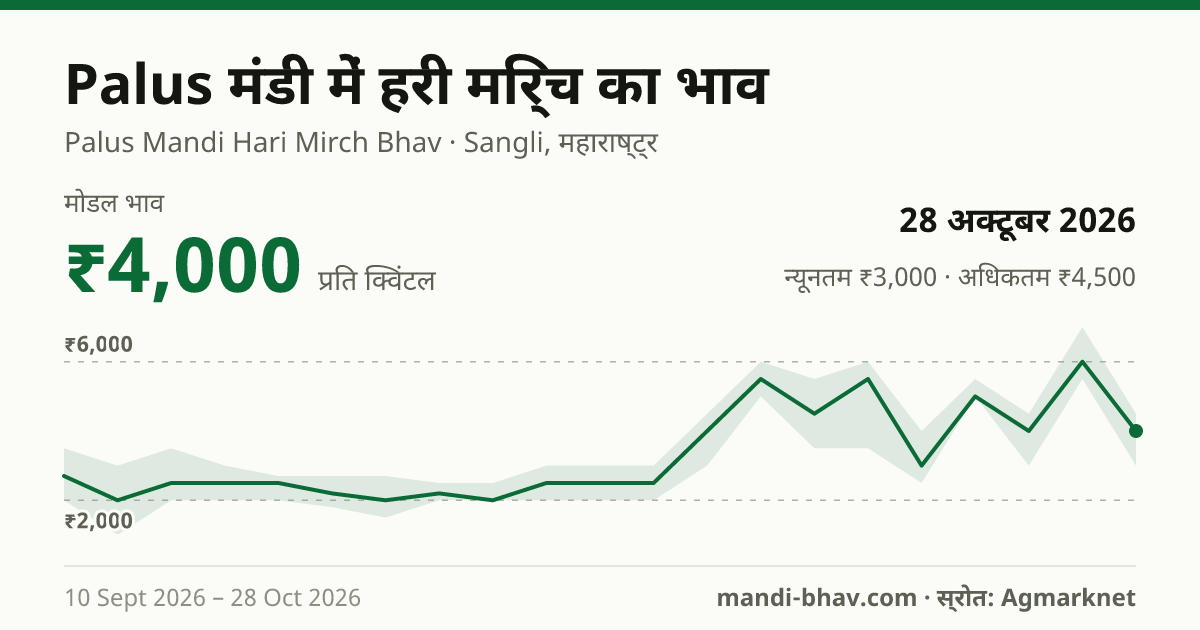 Palus मंडी में हरी मिर्च का भाव 28 अक्टूबर 2026: मोडल ₹4,000 प्रति क्विंटल, भाव के रुझान का चार्ट