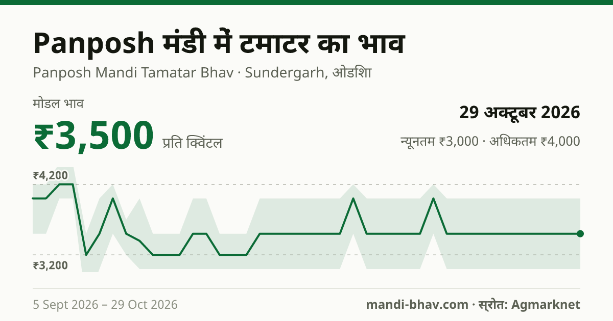 Panposh मंडी में टमाटर का भाव 29 अक्टूबर 2026: मोडल ₹3,500 प्रति क्विंटल, भाव के रुझान का चार्ट