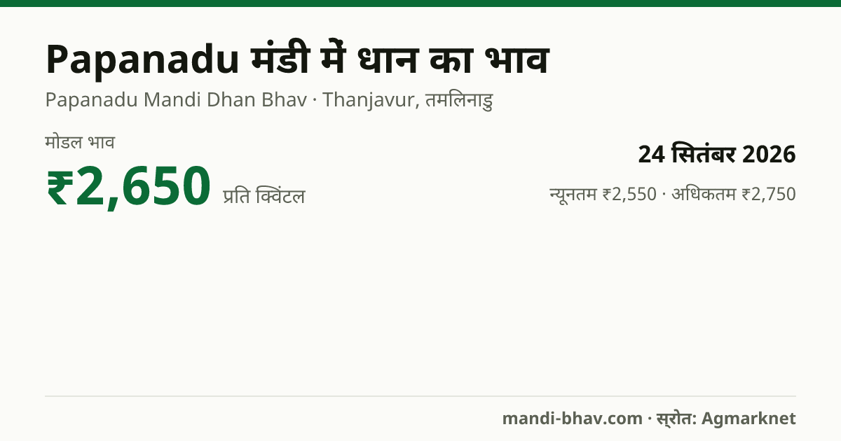 Papanadu मंडी में धान का भाव 24 सितंबर 2026: मोडल ₹2,650 प्रति क्विंटल, भाव के रुझान का चार्ट