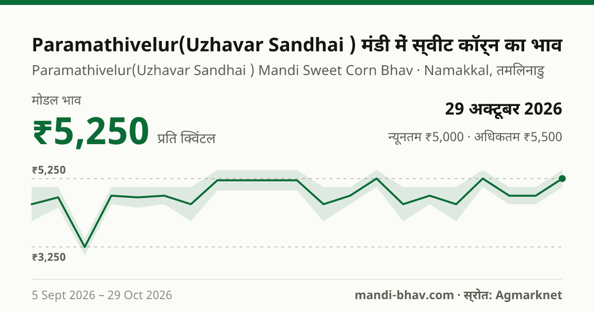 Paramathivelur(Uzhavar Sandhai ) मंडी में स्वीट कॉर्न का भाव 29 अक्टूबर 2026: मोडल ₹5,250 प्रति क्विंटल, भाव के रुझान का चार्ट