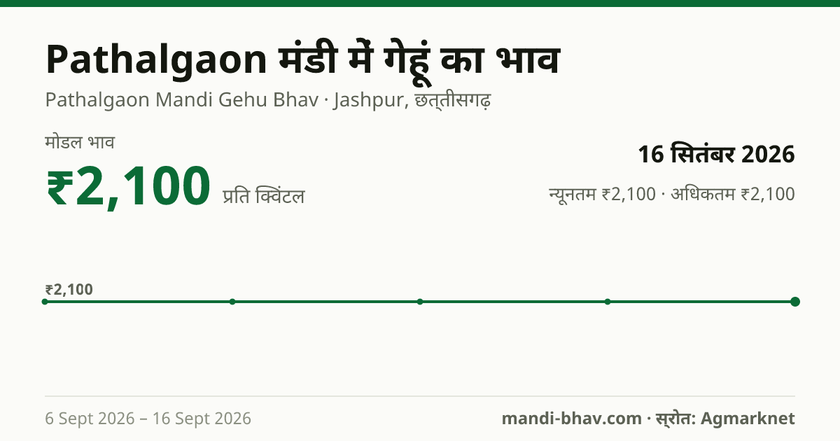 Pathalgaon मंडी में गेहूं का भाव 16 सितंबर 2026: मोडल ₹2,100 प्रति क्विंटल, भाव के रुझान का चार्ट